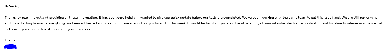 Screenshot of the email EA Security sent back to us confirm that a fix was in place