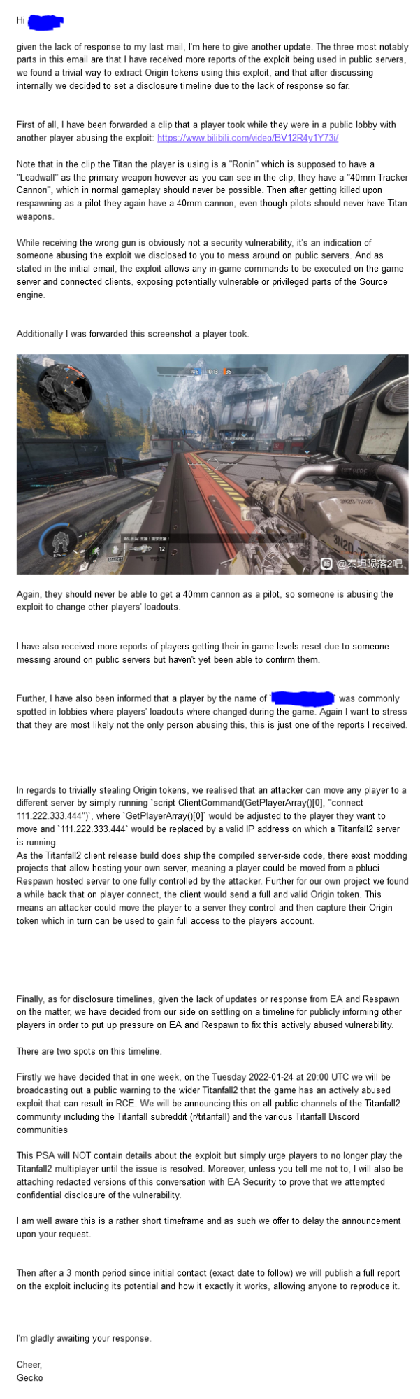 Screenshot of an email we sent to EA Security due to lack of response on their side.