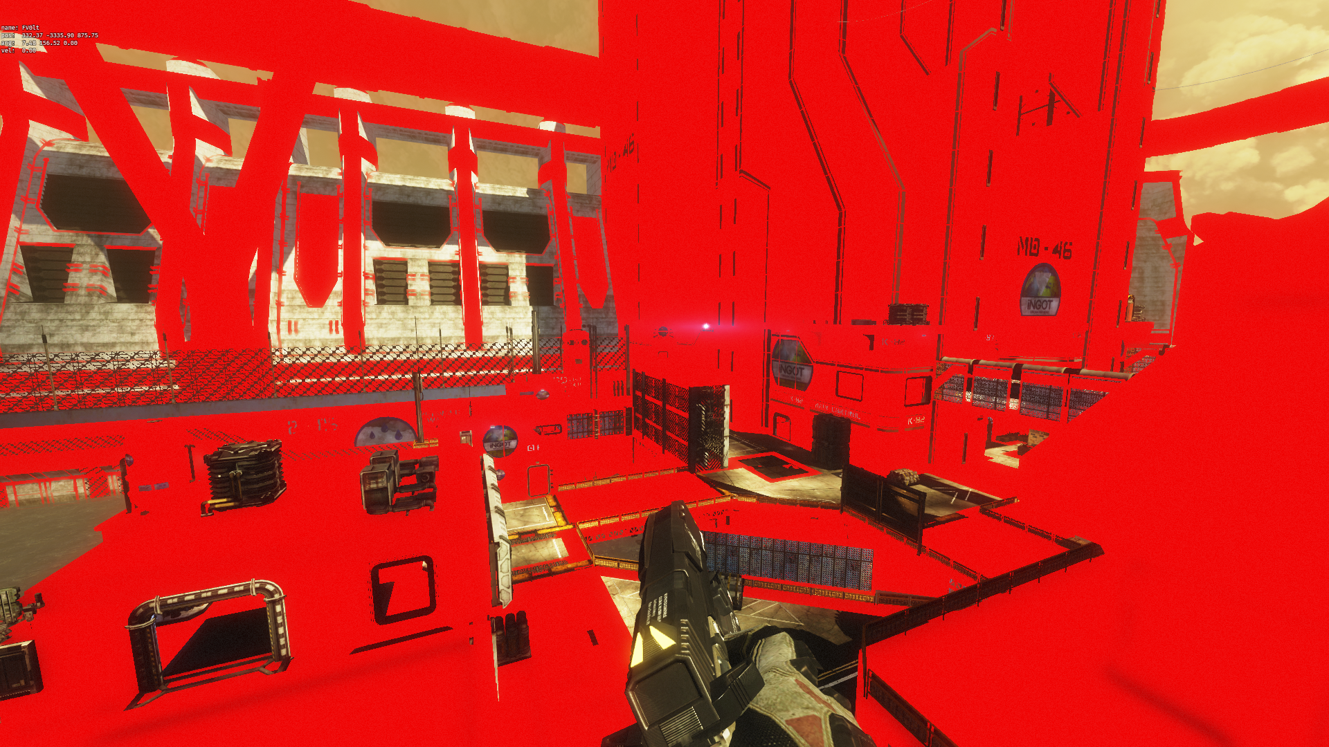 In game screenshot of the first shaders, colouring all surfaces in a bright red.