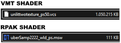 Size comparison of VMT and RPAK shaders, with the least being smaller.