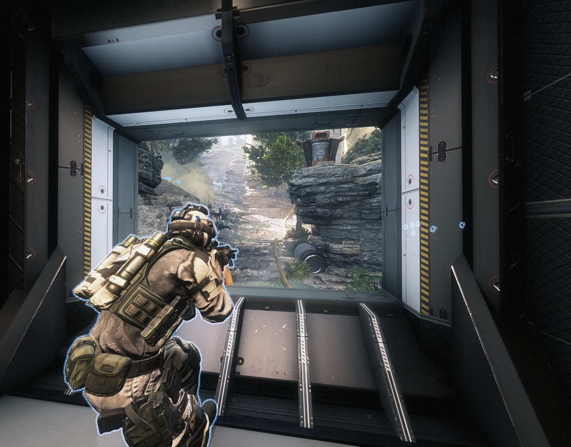 An IMC soldier is at a window, waiting for an enemy to shop up