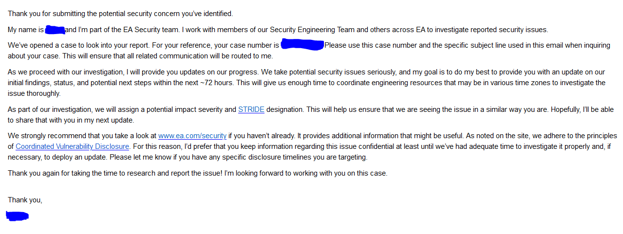 Screenshot of the first response we received by EA Security