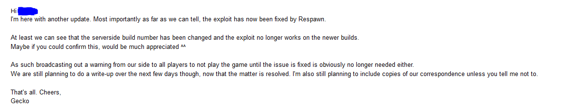 Screenshot of an email we sent to EA Security as we noticed the issue resolved on our end