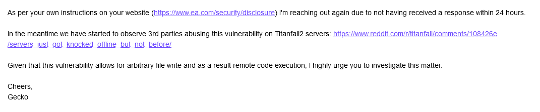 Screenshot of a follow-up email sent to EA Security due to lack of response from their side