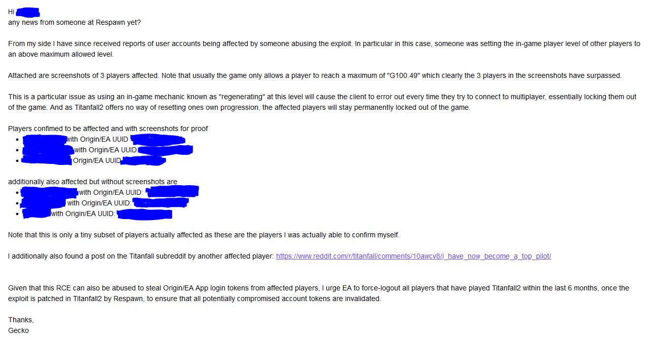Screenshot of an email we sent to EA Security with additional information regarding affected players