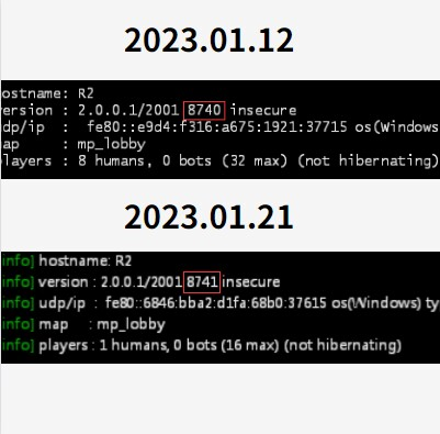 A screenshot showing the different server versions together with the date when they were taken